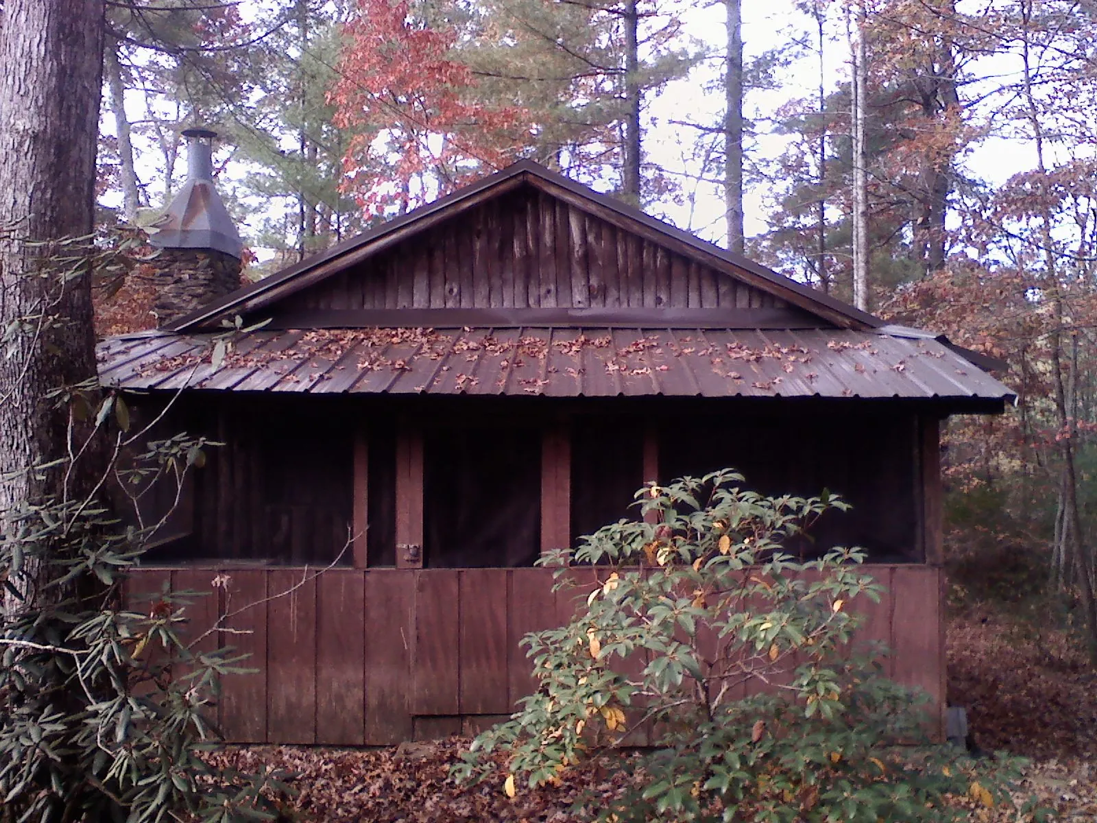 Metal roof over the screened porch of a rustic cabin in Lewisburg